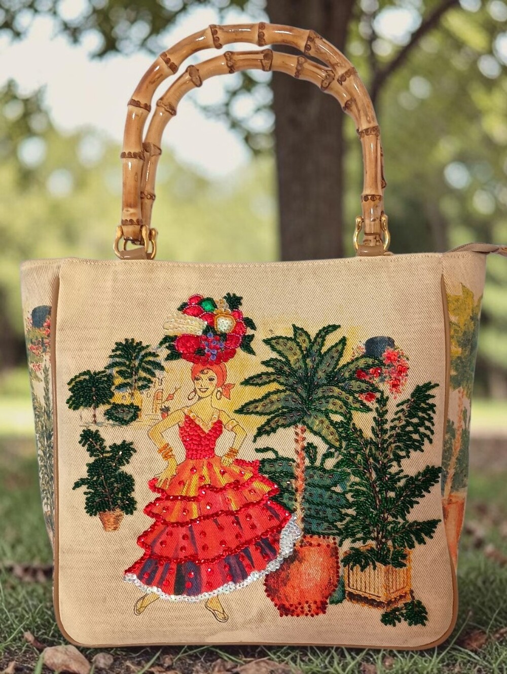 Braciano Beaded Tropical Handbag Purse Sequin Bamboo Handle Flamenco Canvas Tote
